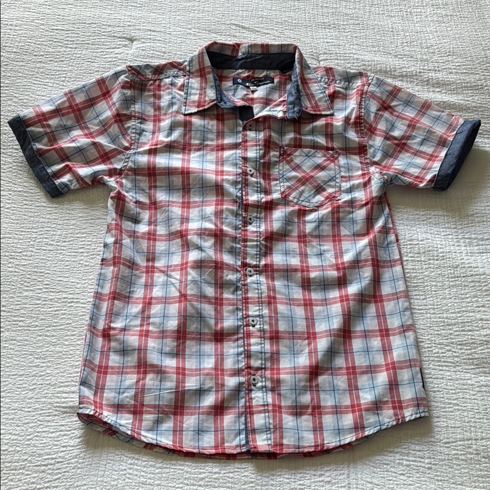 Kids Ben Sherman Plaid Short Sleeve Button Down Shirt - Red White and Light Blue